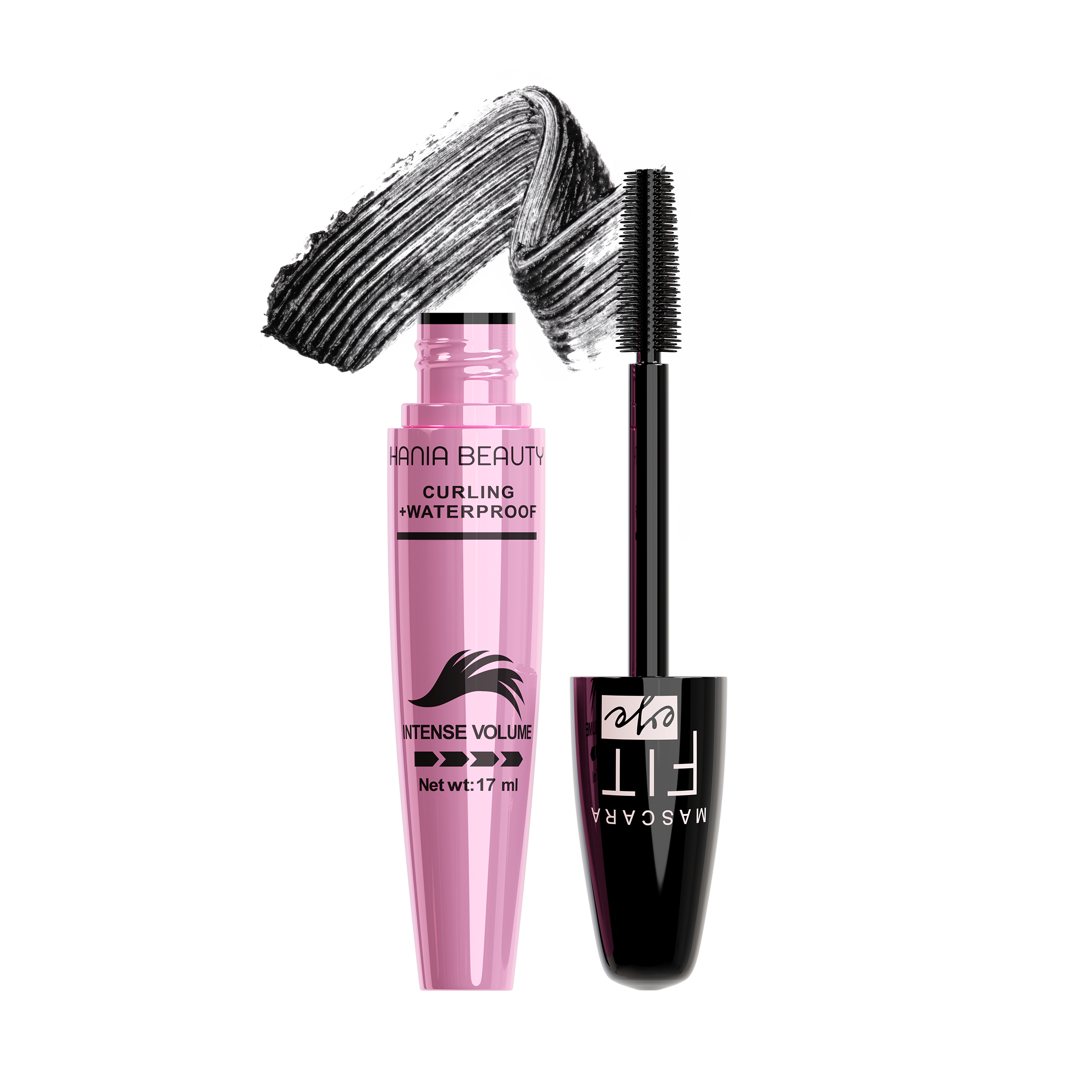 Pink mascara with black wand on a white background